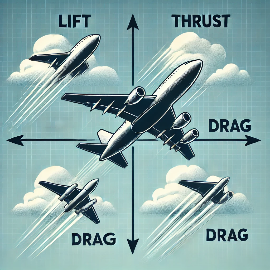 Dall·e 2024 08 15 21.26.55 A Diagram Illustrating The Four Forces Of Flight—lift, Thrust, Drag, And Weight—acting On An Airplane. The Airplane Is Shown In A Simple, Clean Design