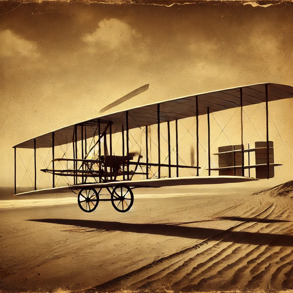 Dall·e 2024 08 15 21.27.32 A Historical Image Capturing The Wright Flyer In Flight, Showcasing The First Powered, Controlled, And Sustained Flight By The Wright Brothers In 1903