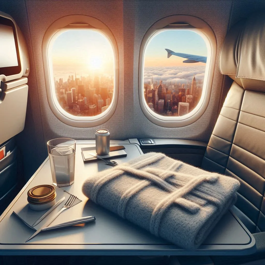 Image Of A Tray Table Or Airplane Seat With Blanket.