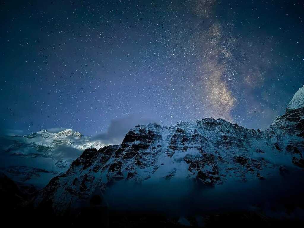 View Of Kanchanjunga Himalaya at Night with Starts twinkling 