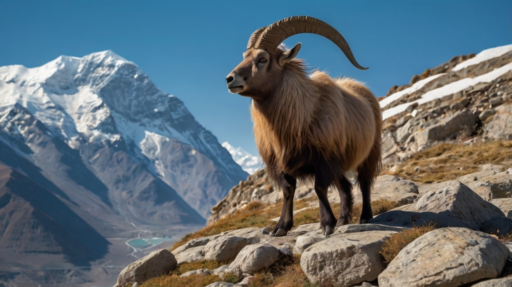 A himalayan Tahr stands on a rocky hill, with majestic mountains rising in the background, showcasing a serene natural landscape.