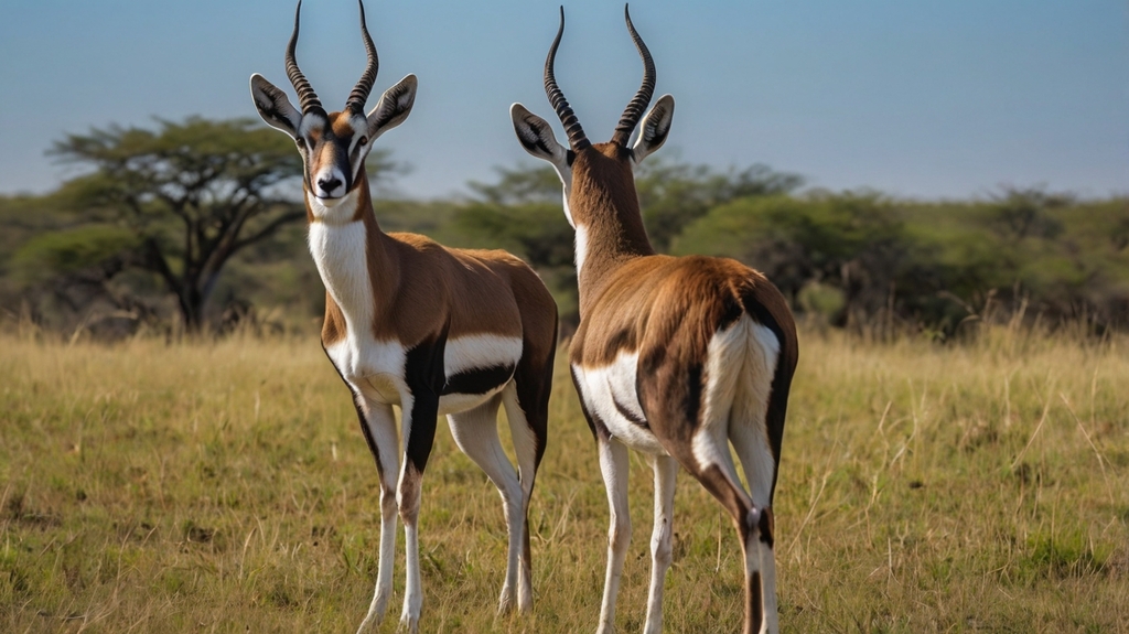 Two black buck stand amidst the grass of Shuklaphanta National Park in Nepal, their heads turned to the side, capturing a moment of tranquility in their natural environment.