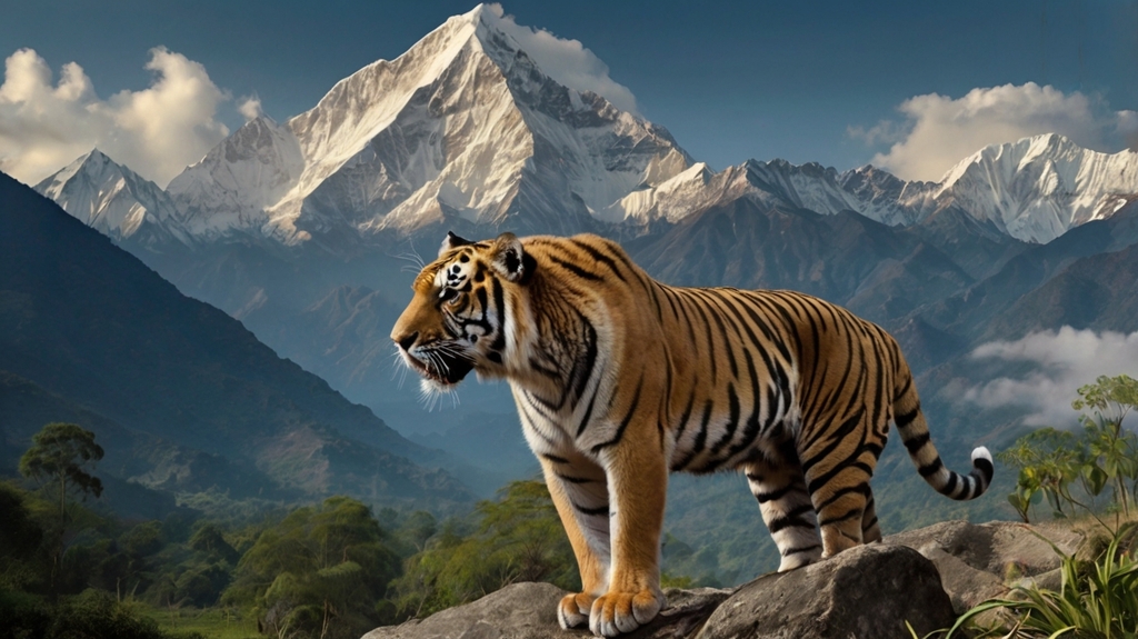 A Bengal tiger endangered species of Nepal stands confidently on a rock, with stunning mountains rising in the background, highlighting its natural habitat.