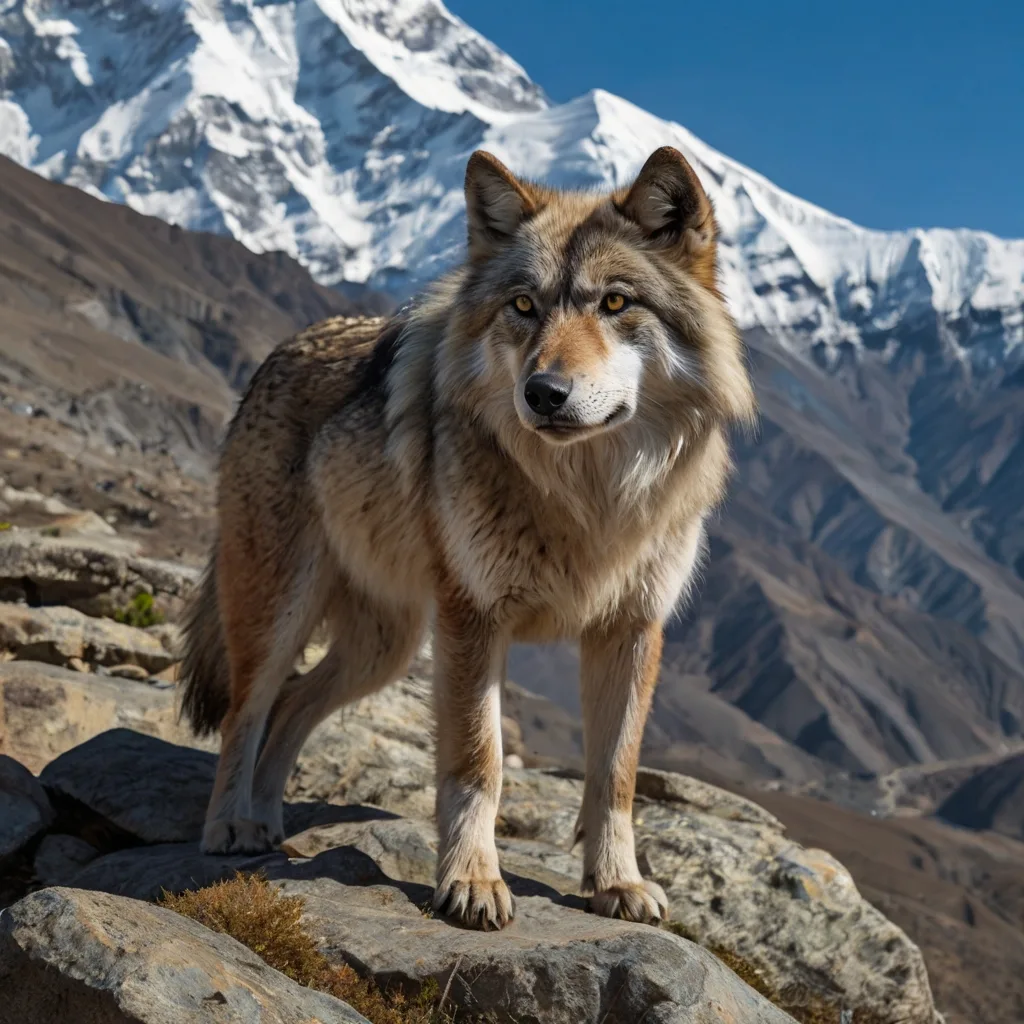 A Himalayan wolf stands proudly on a rock, with a stunning Nepal mountain range visible in the distance.