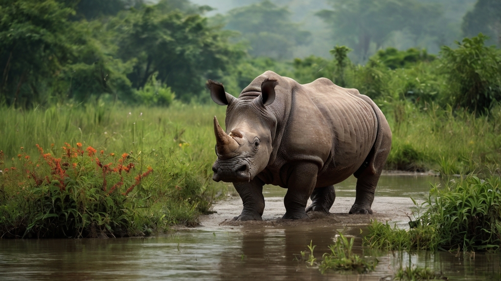 A one horned rhino walks through a river, embodying the essence of wildlife in a serene, natural setting.