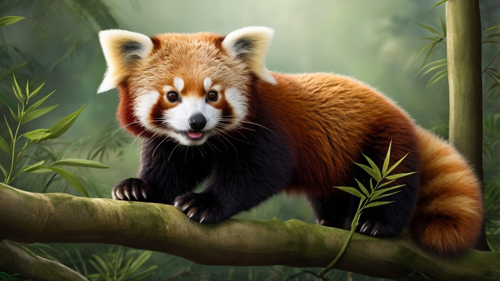 A red panda, commonly referred to as a firefox, relaxes on a tree branch, blending beautifully with its natural surroundings.