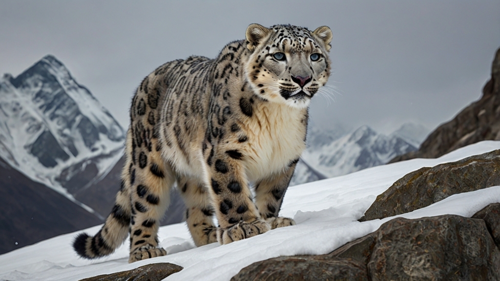 A snow leopard stands proudly on a Nepal mountain peak, its beautiful fur contrasting with the white snow and rugged terrain.