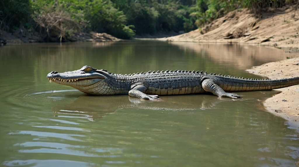 A large gharial endangered species of Nepal is seen lounging on the Chitwan National Park bank of a river, surrounded by lush greenery and tranquil waters.